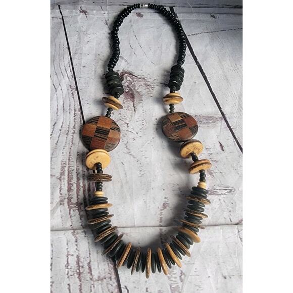 Brown Chunky Wooden Disc Statement, Boho Bling Native American Style Necklace - Picture 1 of 7